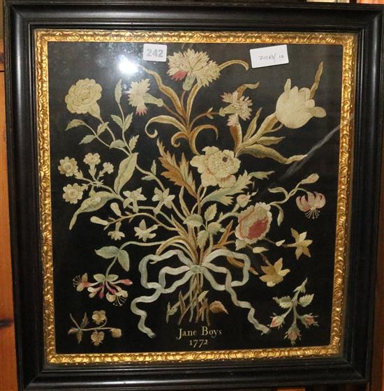 George III embroidered panel, Jane Boys 1772, worked with a tied bouquet